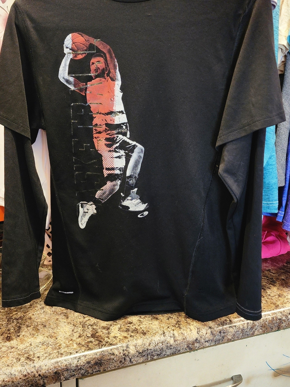 Champion Black Long-Sleeve Basketball Graphic Tee with Red Accent